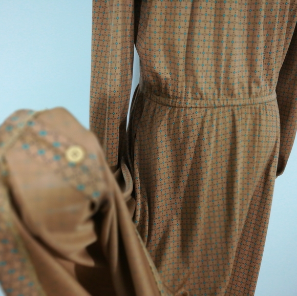 VINTAGE High Neck Tie Up Button Midi Long Dress - Picture 4 of 16